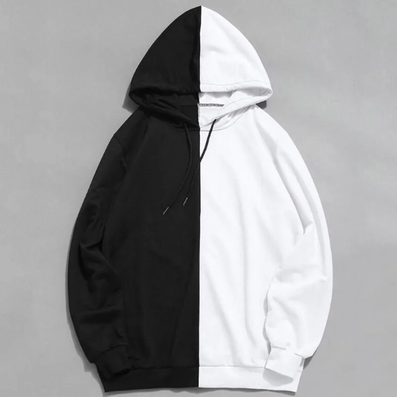 Long Sleeve Men`s Hoodies Hood Half Black Half White Cool Plain Hoddies Men Patchwork Cotton Sweatshirt Male Hoody Fashion Women1