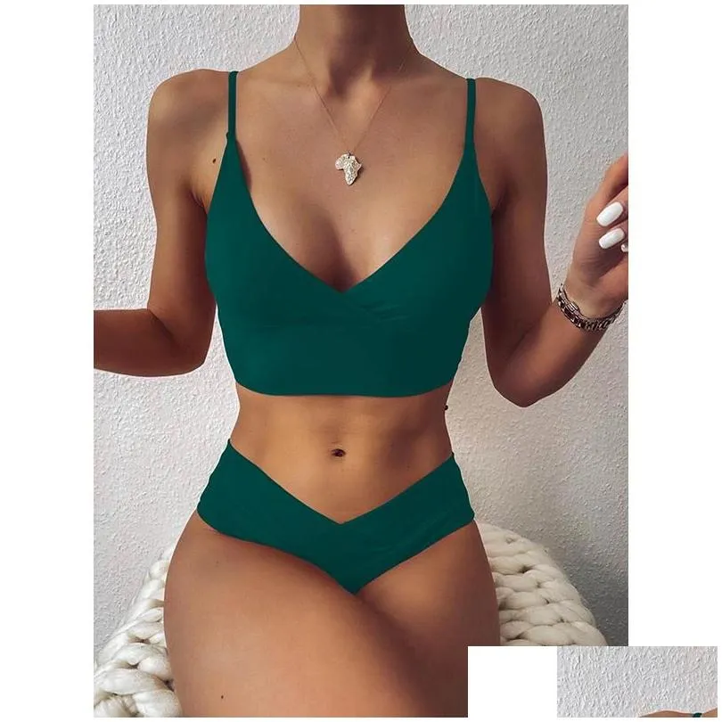 Women`S Swimwear Womens 2021 Y Solid Swimsuit Women Bikini Push Up Vest Set Brazilian Bathing Suit Two Piece Swim Female Drop Deliver Dh2W3