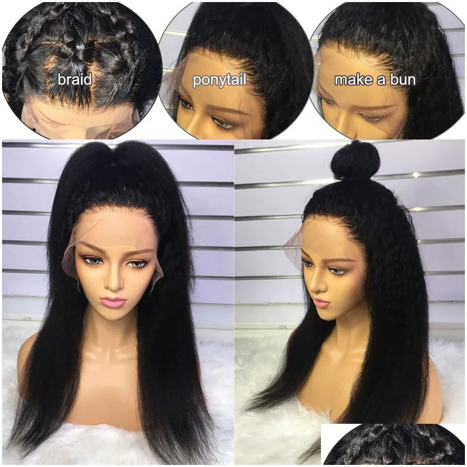 coarse yaki Kinky Straight Wig Transparent 360 full Lace Frontal Wig Curly Human Hair Wigs 360 Pre Plucked Glueless Closure Remy 130% HD