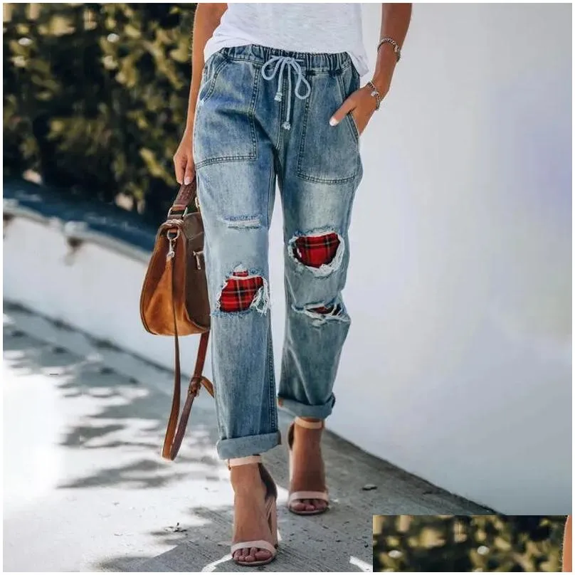 Women`S Jeans Womens Summer Casual Blue Pattern Printed Loose Ankle-Length Wide Leg Straight Pants Holes Tight Waist Drop Delivery Ap Dhvlg