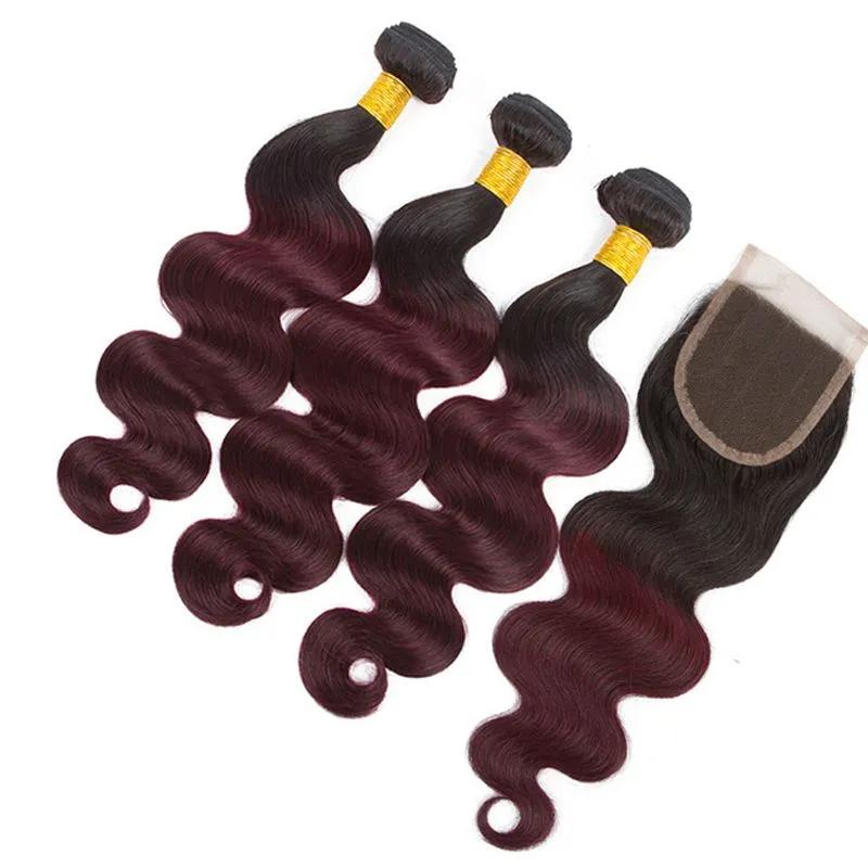 8A Ombre Brazilian Body Wave Human Hair Bundles With Closure T1b99j Red Two Tone Virgin Hair Weaves Extensions Double Weft 4pcs