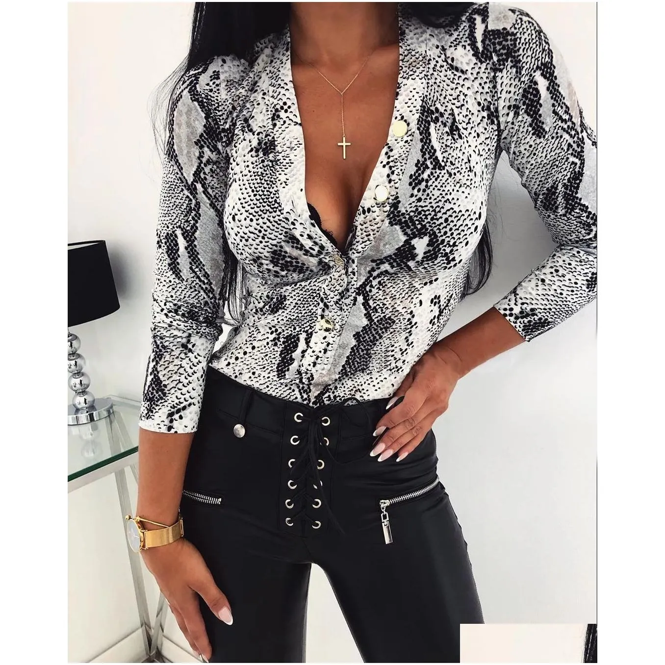 Women`S Blouses & Shirts Womens Y Leopard Print Snakeskin Pattern Long Sleeve Button Down Chiffon Blouse Jumpsuit Shirt Tops Drop Del Dhcwi