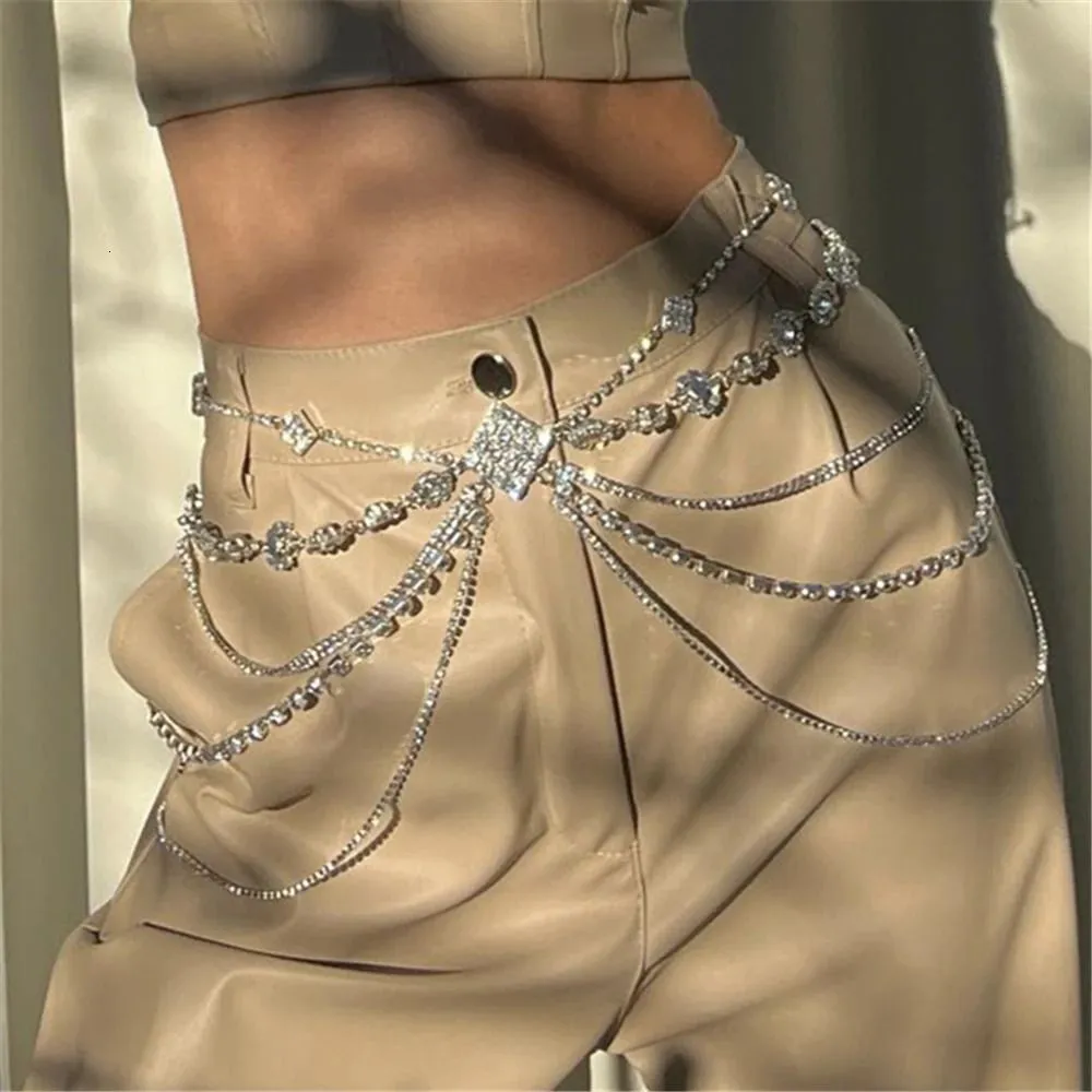 Summer Beach Sexy Multilayer Crystal Thigh Body Chain 5 Layers Jewelry Belly Chains Waist Link Necklace for Women Accessories 240311