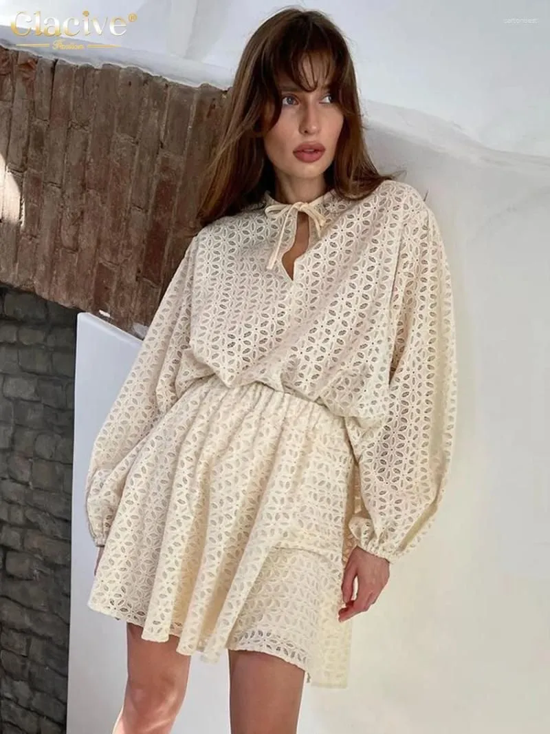 Work Dresses Clacive Elegant Apricot Women`S Sets Casual Loose Office Lady Mini Skirt Set Fashion Long Sleeve Shirt Two Piece Women