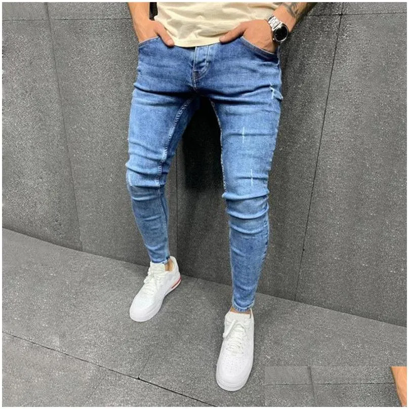 Men`S Jeans Mens Blue Skinny Fashion Denim Pants Ripped Died Slim Pencil Motorcycle Large Size Drop Delivery Apparel Clothing Dhday