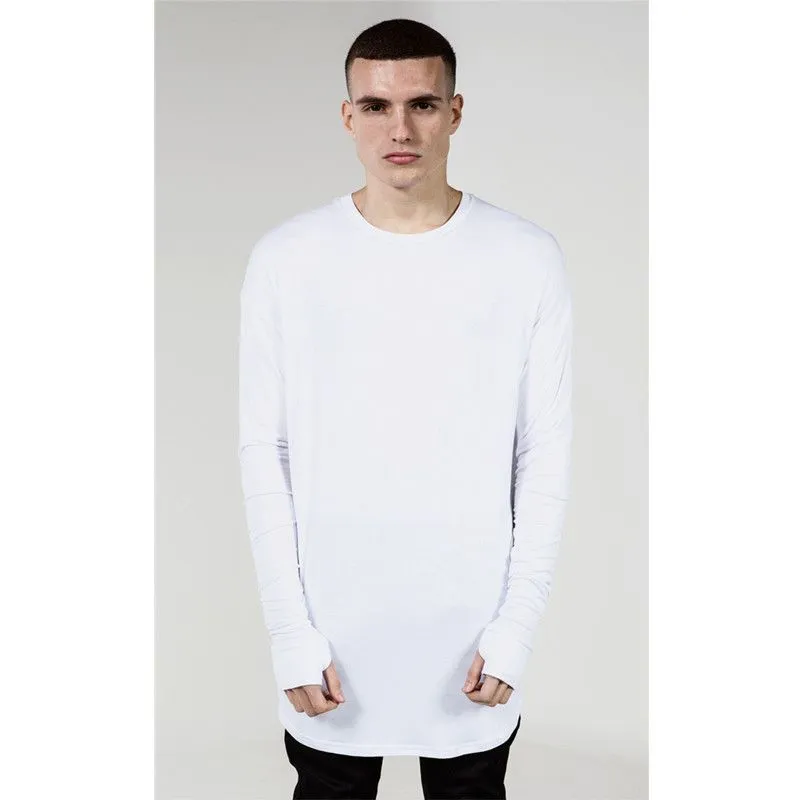 Wholesale- Fashion Mens Extended Tee Long Sleeve Oversized Hip Hop Black White Grey Wool Tshirt Plus Size For Men Big and Tall