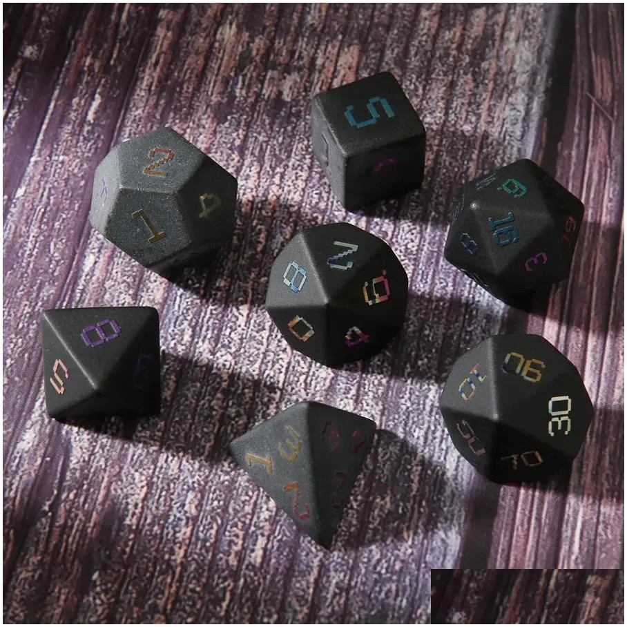 Natural Obsidian Polyhedral Loose Gemstones Dice 7pcs Set Dungeons & Dragons Plating Fonts Stone Dice Set DND RPG Games Ornaments Spot Goods Wholesale Accept