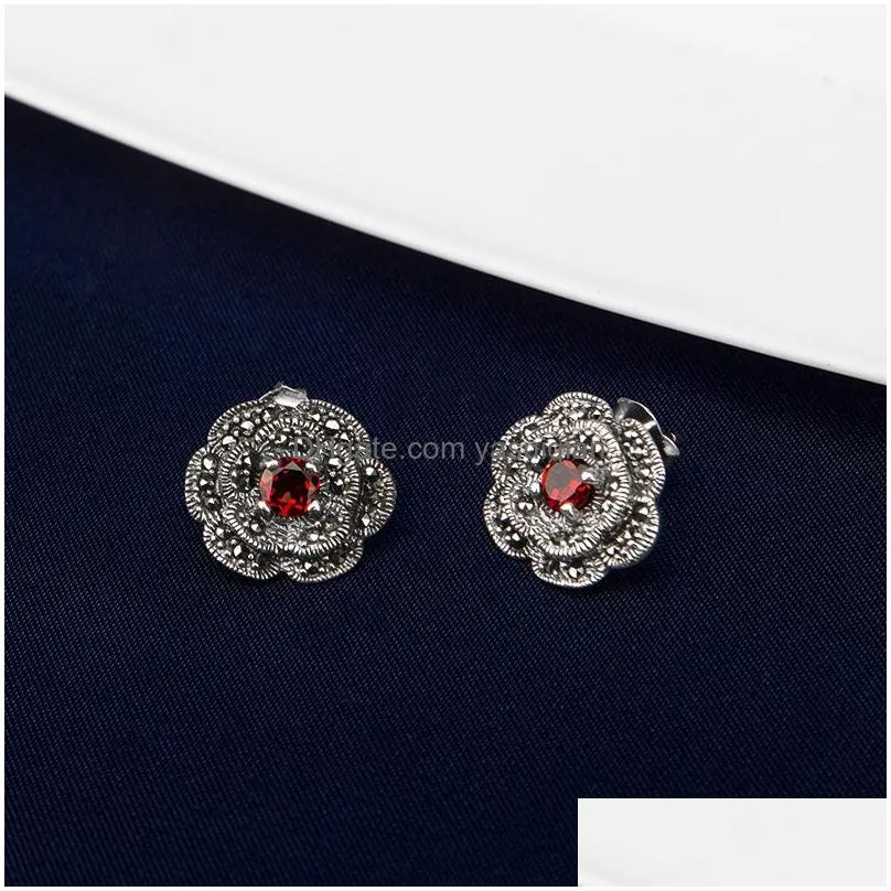 Stud Vintage 16Mm Flower Marcasite Earrings 925 Sterling Sier Inlay 5Mm Garnet Ear For Drop Delivery Jewelry Dhgfg