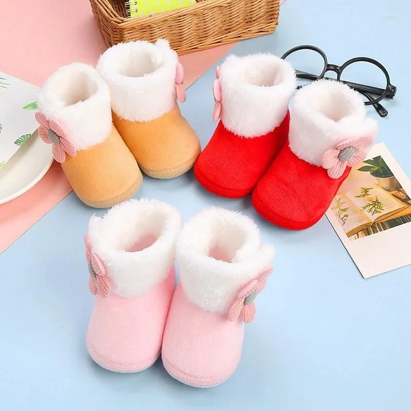 Boots Infant Winter Snow 3D Flower Decorated Warm Baby Girl Cute Red First Walker Shoes Basic Versatility For Casual Daily