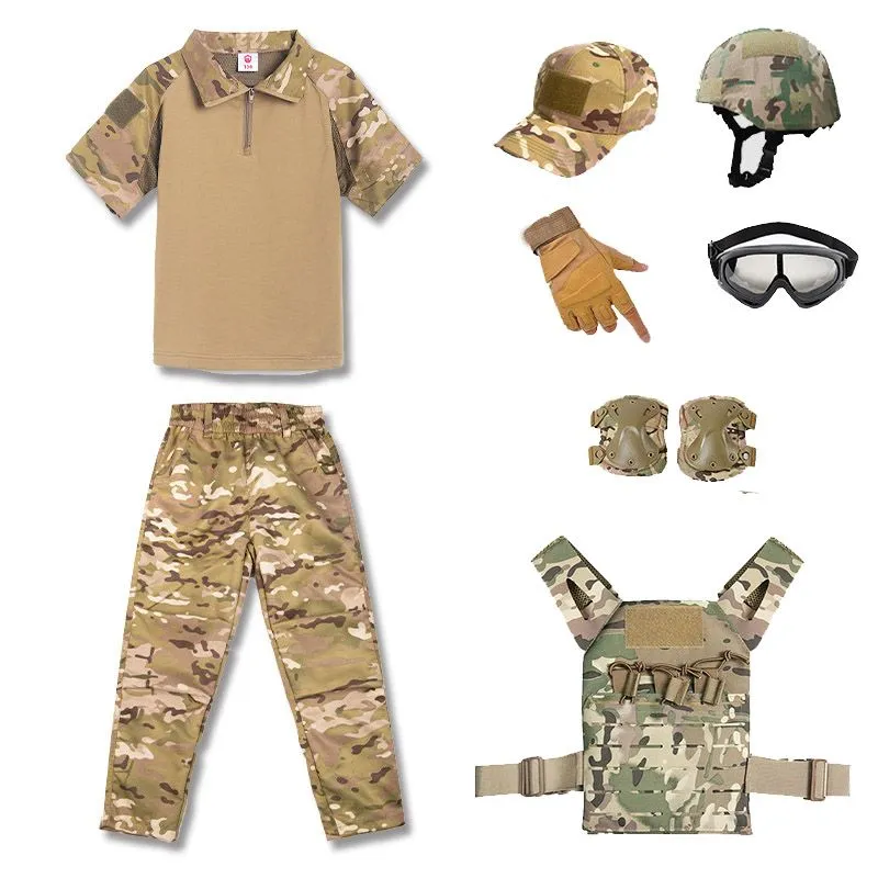 Camouflage Kid Child Uniform CS BDU Set Outdoor Sports Airsoft Gear Jungle Hunting Woodland Tactical Helmet Vest Cap Set Combat Children Clothing