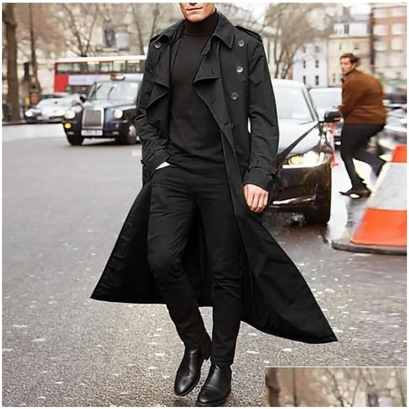 Men`S Trench Coats Mens Long Coat Men Solid Classic Winter Jacket Casual Loose British Style Overcoat Streetwear Drop Delivery Apparel Dhqc3