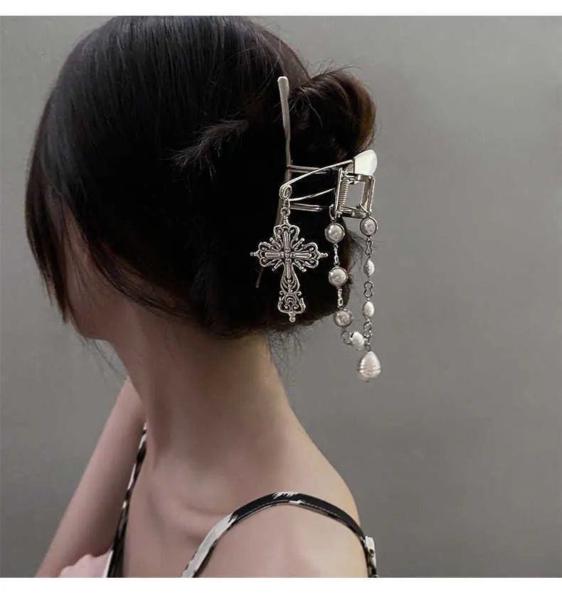 Dangle Chandelier New highquality gray metal pin strong hairpin personality cross pearl crab chuck pan head hair claw hair accessories women