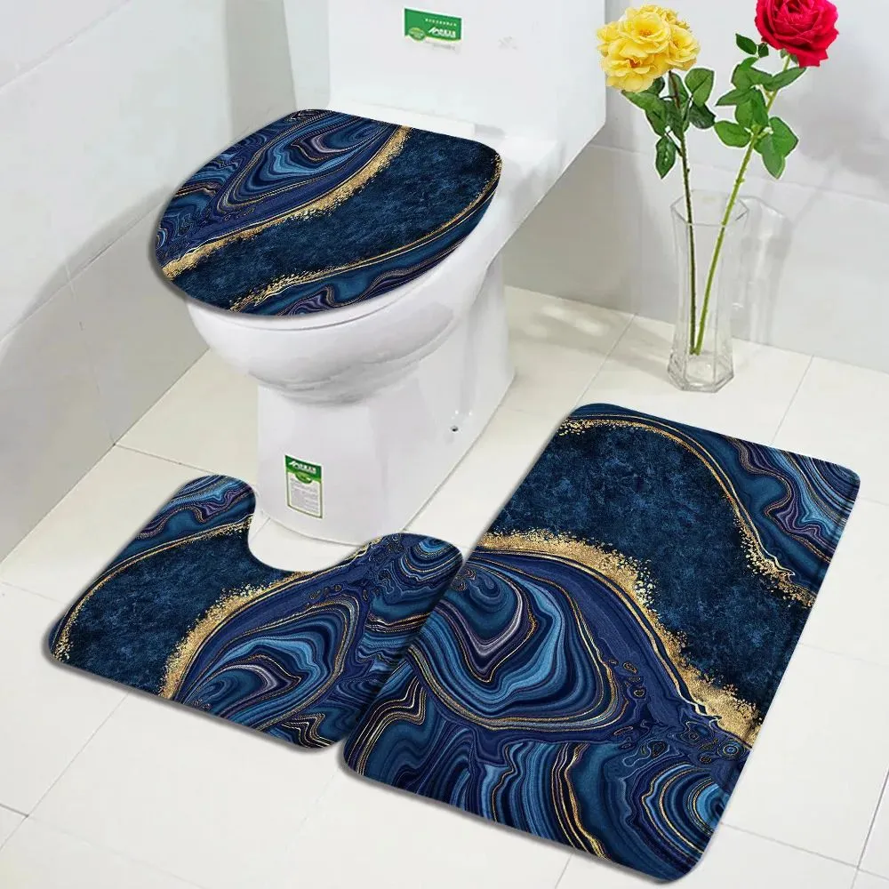 Mats Abstract Marble Bath Mat Set Grey Gold Textured Pattern Modern Minimalist Bathroom Decor Carpet NonSlip Rugs Toilet Lid Cover