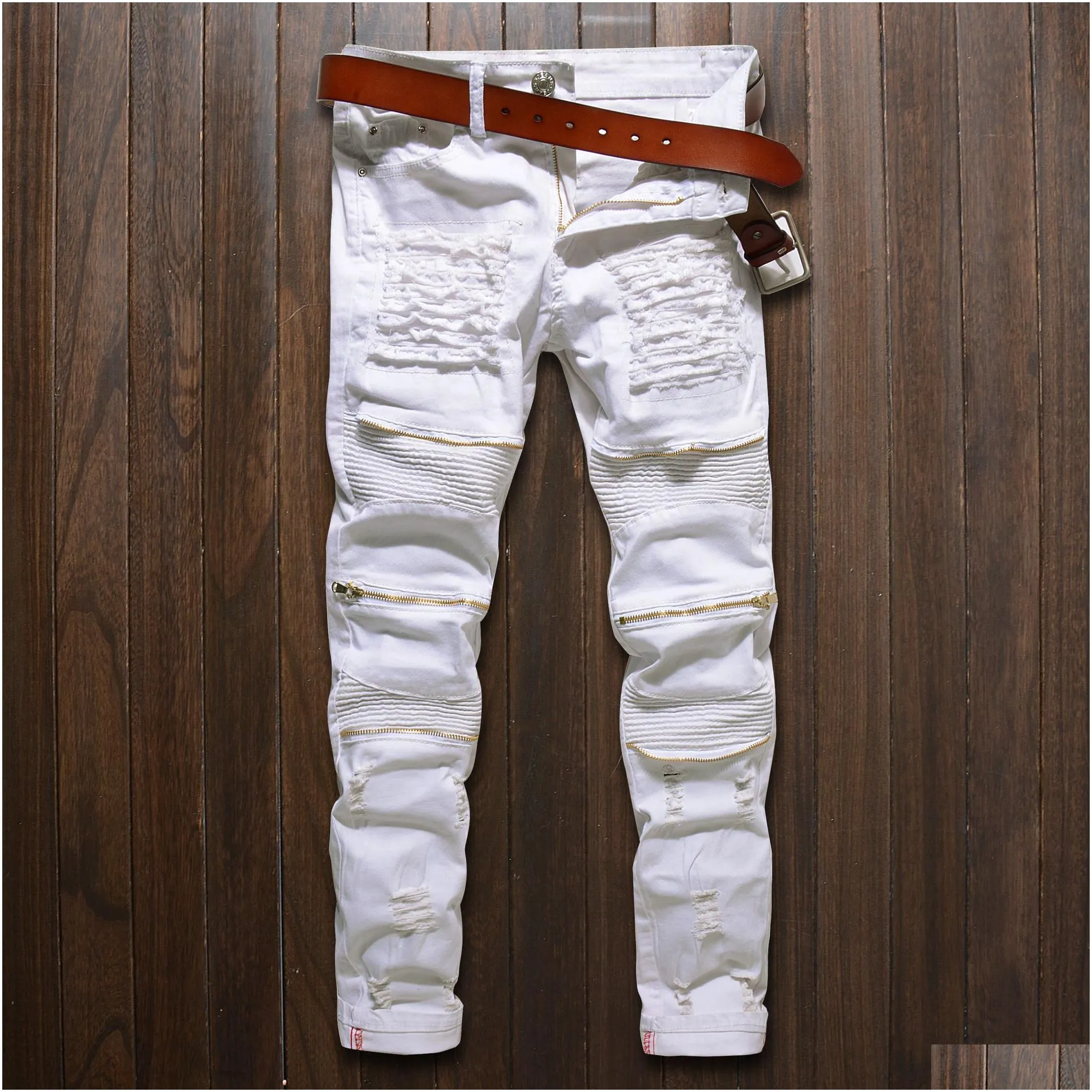 Men`S Jeans Mens Fashion Ripped Skinny Died Destroyed Straight Fit Zipper Motor With Holes Motorcycle Slim Pencil Drop Delivery Appar Dhopu