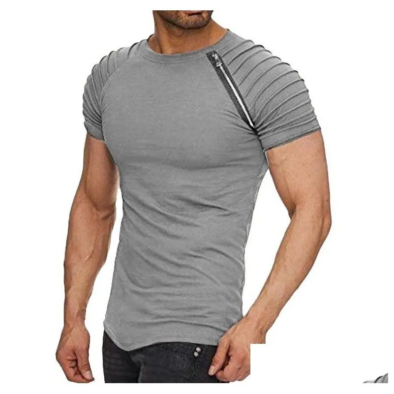 Men`S T-Shirts 5 Colors Mens T Shirts Solid Slim Folds Zipper Sleeve Fashion Short T-Shirt O-Neck Casual Clothes Streetwear Drop Deliv Dhvbz