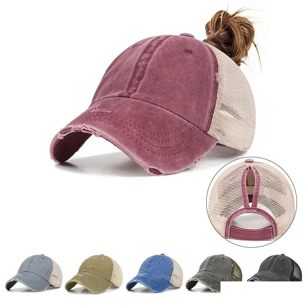 Ball Caps 7 Colors Washed Women Messy Bun Hat Snapback Sun Net Surface Breathable Casual Hats Drop Delivery Fashion Accessories Hats, Dhwot