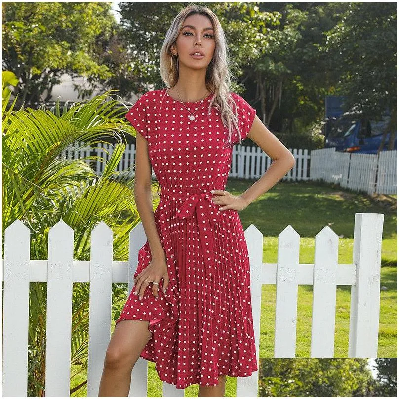 Basic & Casual Dresses 5 Colors Womens Retro Polka Dot Print Round Neck Dress Bandage Drop Delivery Apparel Women`S Clothing Dhtlv