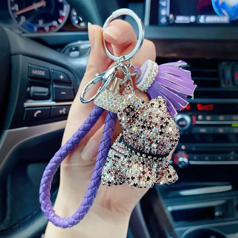 Luxury Animal Keychains Rings 3D Bear Bulldog French Dog Tassel  Rhinestone Car Key Chains Holder Silver Metal Keyrings Gifts Strap Bag Charms