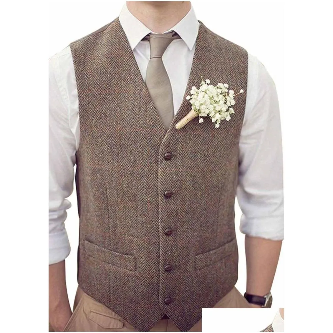 Men`S Vests Mens Suit Vest V Neck Herringbone Slim Fit Formal Green/Black/Brown Business Single-Breasted Waistcoat Groomman For Drop D Dhikr