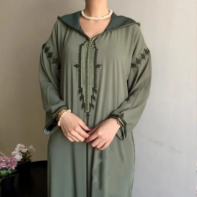 Ethnic Clothing Abaya For Women Dubai Middle East Arab Hooded Jellaba Ramadan Eid Loose Robe Green Long Sleeves V-neck