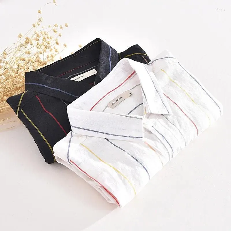Men`s Casual Shirts 2024  Striped Linen Shirt Loose Breathable Square Collar Short Sleeve