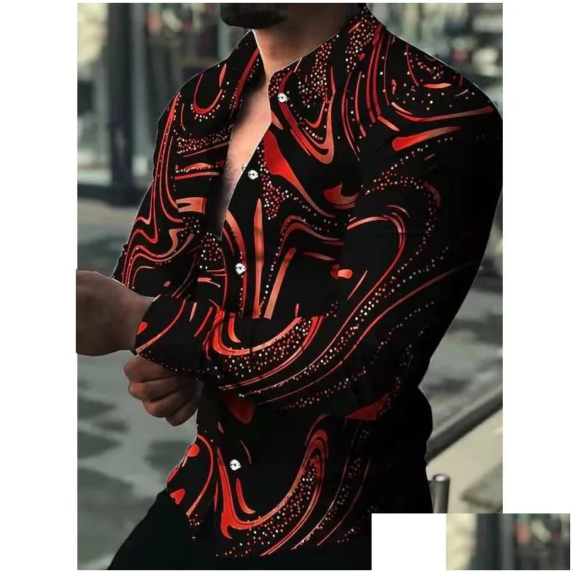 Men`S T-Shirts Mens Shirt Long Sleeve Hawaiian Social Luxury Button Cardigan Linen Blouse Single Breast Turn-Down Collar For Men Cloth Dhyxj