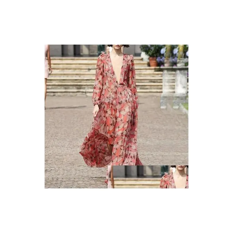 Basic & Casual Dresses Y Deep V-Neck Long Sleeve Chiffon For Women 2021 Spring Autumn Vintage Pink Floral Printed Maxi Dress Female D Dhqx0