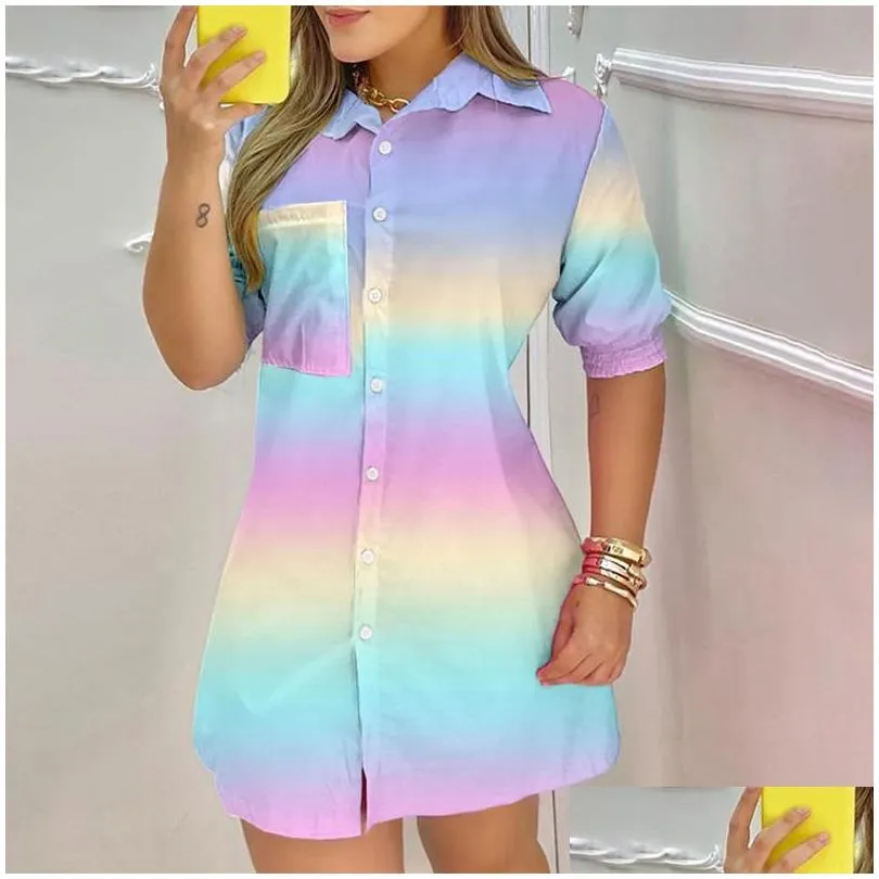Basic & Casual Dresses Women Fashion Color Block Lady Short Sleeve Blouse Turn Down Collar Pocket Button Design Drop Delivery Apparel Dhfyd
