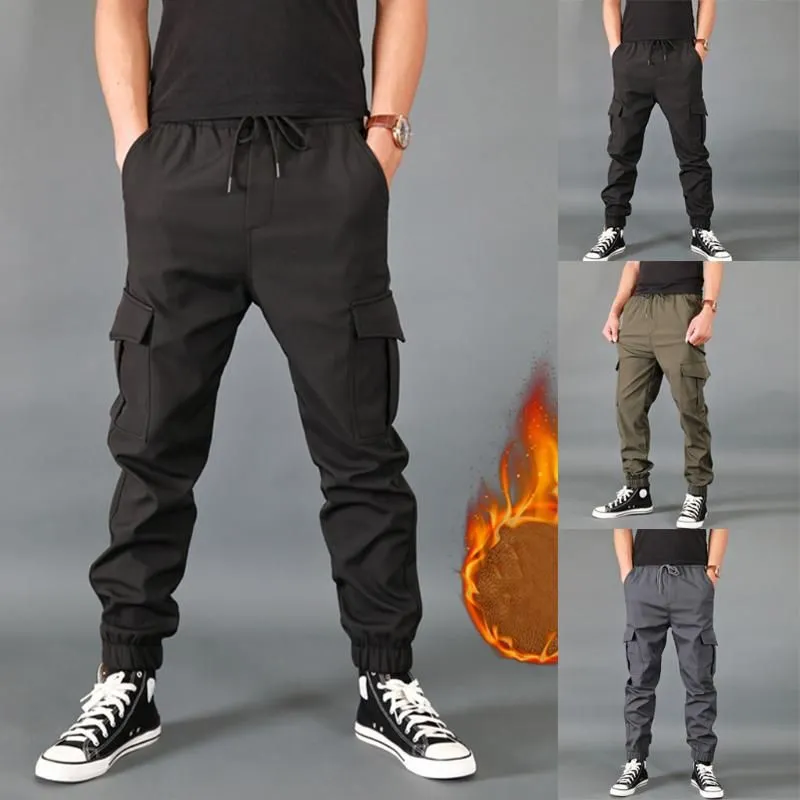 Men`s Pants Solid Color Warm Thickened Casual Army Multi-Pockets Style Fashion Cargo Work Trousers Overalls