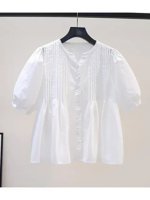 Women`s Blouses Lamtrip Unique Pleated Folds V-Neck Single Breasted Cotton Short Sleeve Shirt Blouse 2023 Summer Mori Girl Top