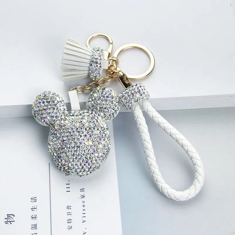 Women Rhinestone Key Chain Korea Cute Bling Mouse Keychain Pendant Female Car Key Ring Tassel Hanging Bag Charm Pendant Gift for Girls