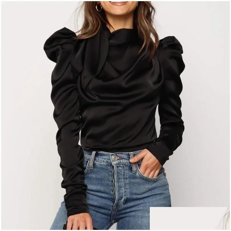 Women`S Blouses & Shirts Womens Satin Tops Stand Collar Long Puff Sleeve Outwear Shirt Blouse Pleated Spring Solid Color Bow 2021 Dro Dh7El