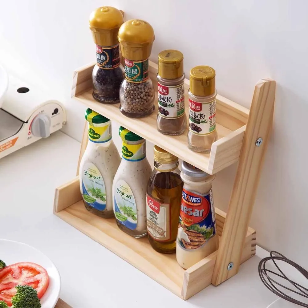 Organization Desktop Wood Shelf Kitchen Rack Organizer Kitchen Storage Shelf Spice Rack Seasoning Jars Bottles Holder Kitchen