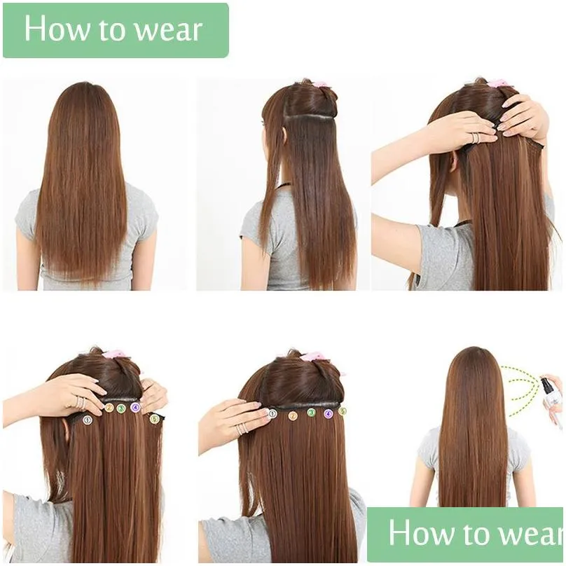 Allaosify 5 Clip In Hair Extension Synthetic Black Brown Fake Hairpieces Clip In hair accessories for women 2102179041851