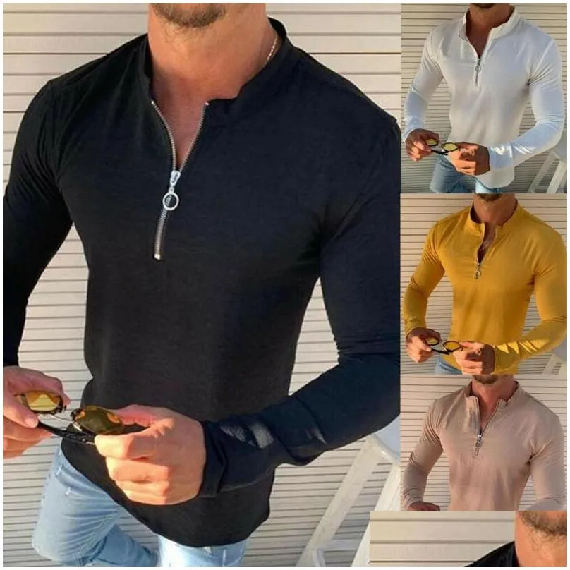 Men`S T-Shirts Mens Fashion Slim Fit Tees V Neck Long Sleeve Solid Cotton Zipper Male Autumn Muscle Tee Casual Tops S Drop Delivery Ap Dh2Cl