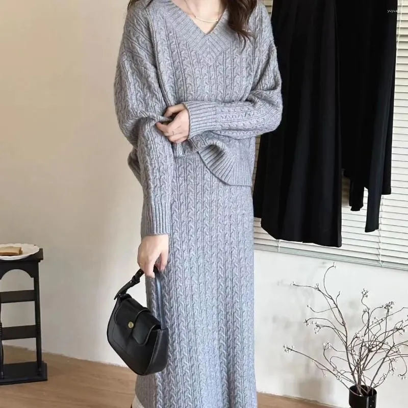 Work Dresses Women Dress Sets Two Pieces Knitting Twist Sweaters Skirts V Neck Jumpers Solid Loose Pullovers Winter Warm High Street