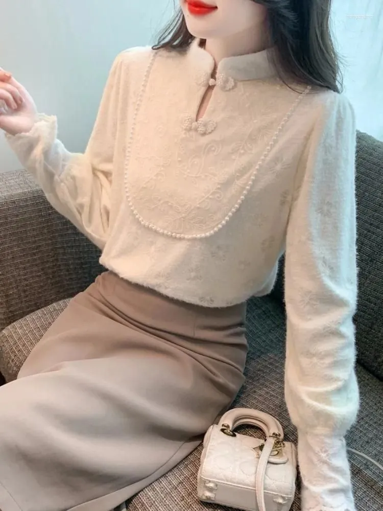 Women`s Blouses Plush Elegant Blouse Women Winter Thick Tops Fashion Stand Collar Vintage Chinese Panbuckle Lace Chiffon Shirt