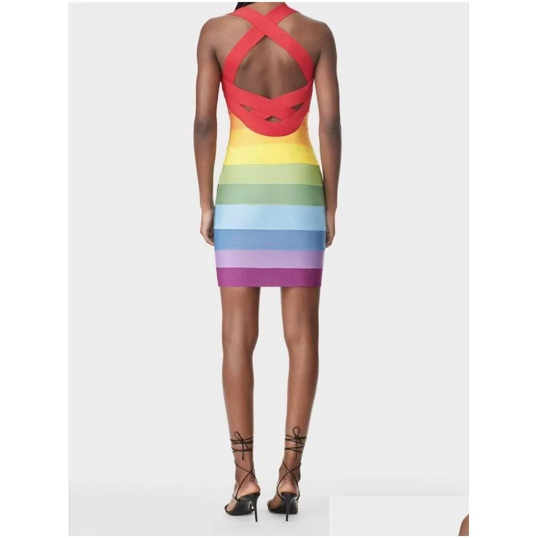 Basic & Casual Dresses Rainbow Bandage Dress Halter Backless Short Party Bodycon Elegant Y Evening Birthday Club Outfit 2023 Year Sum Dhw7M