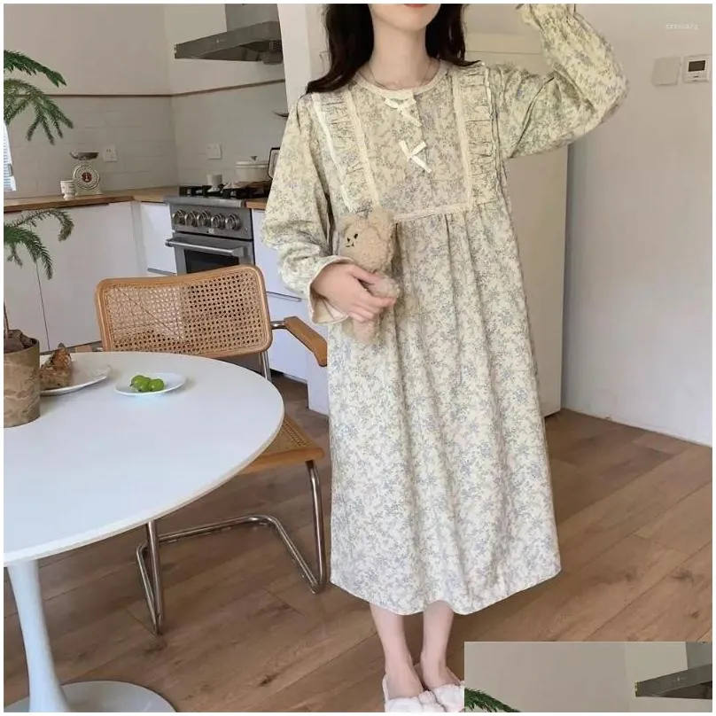 Women`S Sleepwear Womens Floral Print Nightgown Korean Vintage Ruffles Night Dress One Piece Pajamas Spring Long Sleeve Bow Home Wear Dhxjq