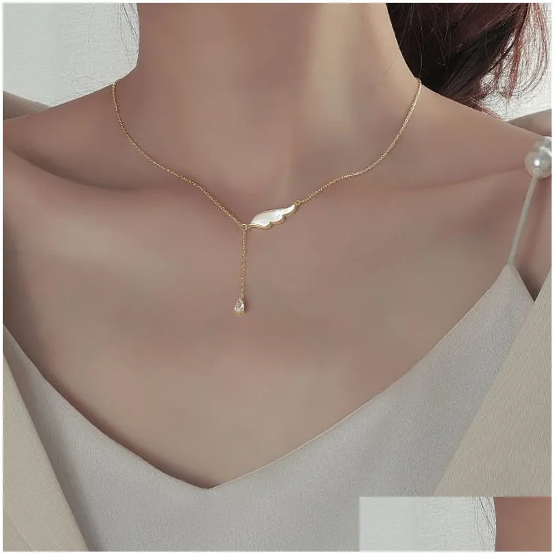 Pendant Necklaces Angels Wing Mother Pearl White Zircon Necklace Zirconia Jewelry Gold Plated Drop Delivery Pendants Dhunu