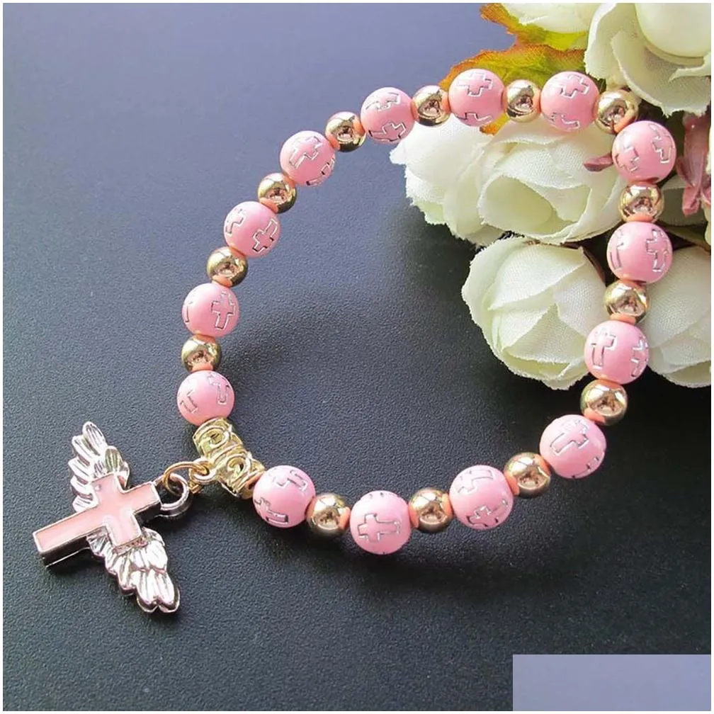 Beaded 2021 Fashion 18K Gold Acrylic Bracelet Rosary Virgin Mary Relius Jesus Cross Pendant Men Women Bracelets Drop Delivery Jewelry Dhuec