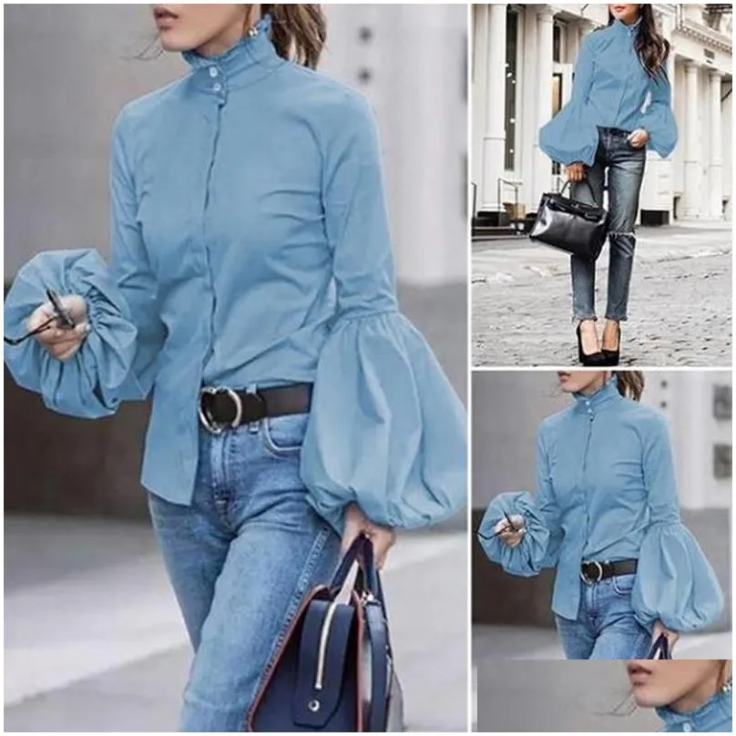 Women`S Blouses & Shirts Womens Fashion Women 2021 Female Long Lantern Sleeve Solid Tops And Casual Blusas Top Plus Size Tunic 2Xl Dr Dhvqu