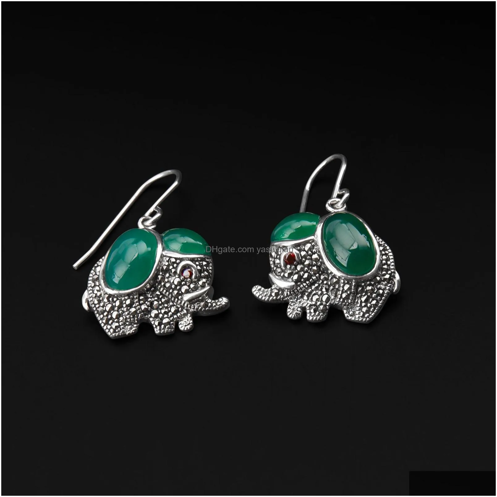 Dangle & Chandelier Trendy Ladies Dangles Vintage S925 Sterling Sier Cute Elephant Earrings Inlaid Green Chalcedony Women Fashion Jew Dhv47