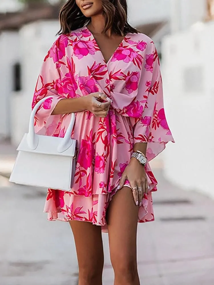 Casual Dresses Women Short Sleeve V Neck Party Dress Commuter Fashion Print Beach Mini Lady Elegant Lace-up Ruffle Office