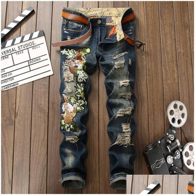 Men`S Jeans Mens 2021 Brand Men European American Style Tiger Of Embroidery Knees Holes High Quality Size 29-38 0795 Drop Delivery Ap Dhiwu