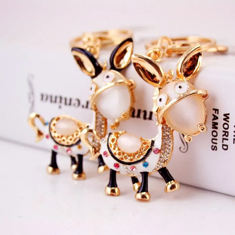 3pcs Crystal Rhinestone Pendant Car Key Chains Gold Plated Crystal Rhinestone Stone Enamel Alloy Metal Animal Donkey Key Ring Holder