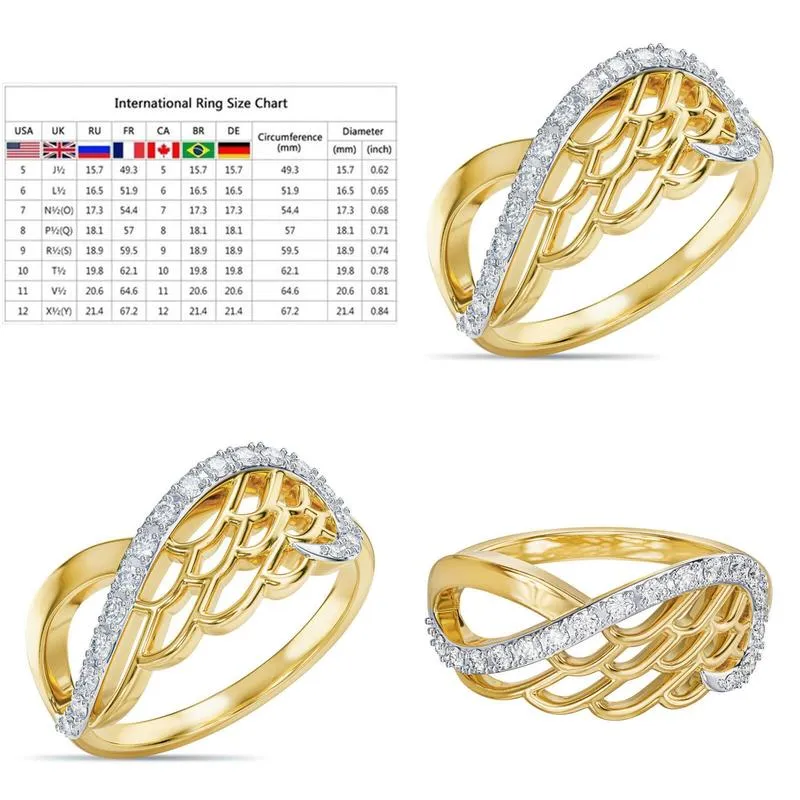With Side Stones Korean Style Angel Wings Ring Rhinestone Finger Rings For Women 18K Gold Color Female Party Birthday Jewelry Gift Dr Dhi5R