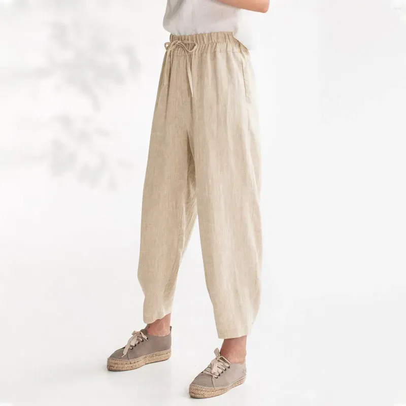 Women`s Pants Summer Solid Color Casual Loose Pocket Cotton Linen Nine Minute Pantalones De Mujer Ropa