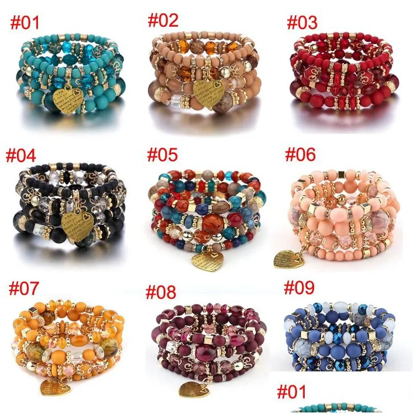 Beaded 4Pcs/Set Love Heart Alloy Pendant Strands Bracelets Women Lava Stone Bohemian Wristband Bangles For Drop Delivery Jewelry Dh4Gj