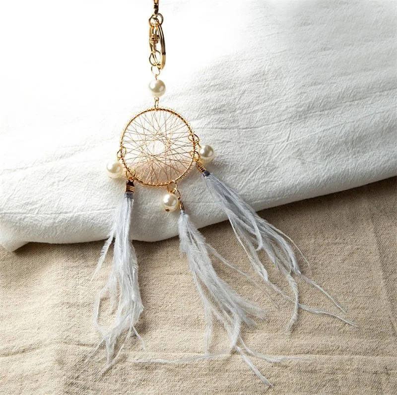 Pearl Feather Key Chains Holder Dreamcatcher Pendants Car Keychain Keyrings for Girls Women Bag Hanging Fashion Charm Key Rings